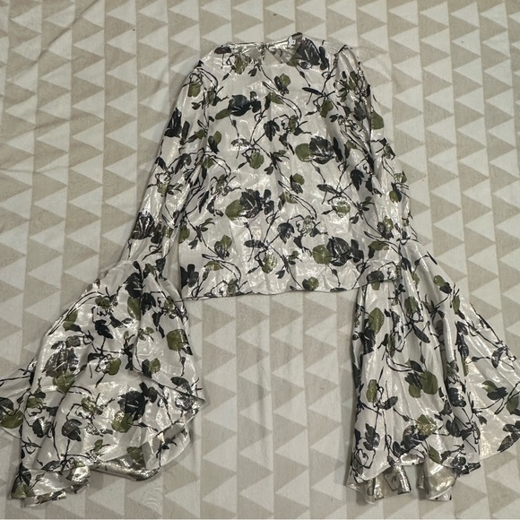 Tanya Taylor green floral metallic bell sleeve blouse - Picture 2 of 5